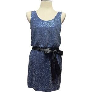 Express Sleeveless Sequin Mini Dress with Satin Sash Blue Black XS